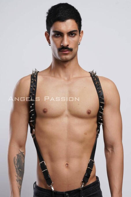 Çivi Detaylı Erkek Göğüs Harness, Erkek Clubwear, Deri Erkek Harness - APFTM203 - 7