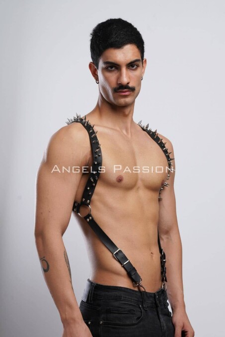 Çivi Detaylı Erkek Göğüs Harness, Erkek Clubwear, Deri Erkek Harness - APFTM203 - 1