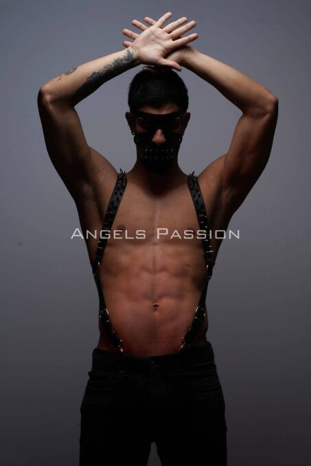 Çivi Detaylı ve Maskeli Erkek Harness Takım, Erkek Clubwear, Erkek Göğüs Harness - APFTM204 - 1