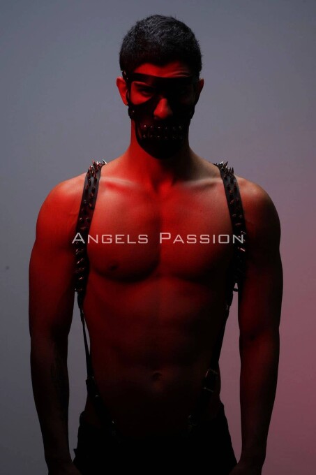 Çivi Detaylı ve Maskeli Erkek Harness Takım, Erkek Clubwear, Erkek Göğüs Harness - APFTM204 - 5