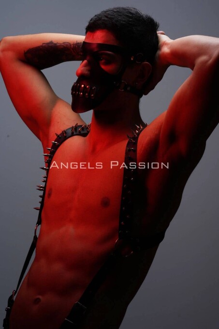 Çivi Detaylı ve Maskeli Erkek Harness Takım, Erkek Clubwear, Erkek Göğüs Harness - APFTM204 - 9