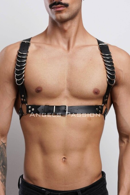 D Halka Detaylı Şık Erkek Göğüs Harness, Erkek Deri T-Shirt Aksesuar - APFTM92 - 3