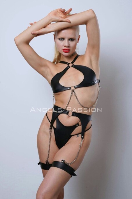 Deri Fantezi İç Giyim Takım, Şık Deri Harness Set, Club Wear - APFT1330 - 10