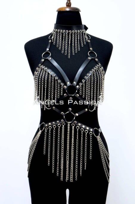 Deri ve Zincir Detaylı Harness Takım, Deri Dansçı Kostüm, Choker Detaylı Deri Harness - APFT1397 - 4