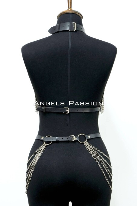 Deri ve Zincir Detaylı Harness Takım, Deri Dansçı Kostüm, Choker Detaylı Deri Harness - APFT1397 - 5
