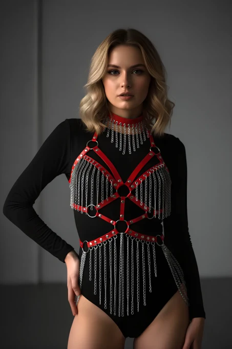 Deri ve Zincir Detaylı Harness Takım, Deri Dansçı Kostüm, Choker Detaylı Deri Harness - APFT1397 - 1