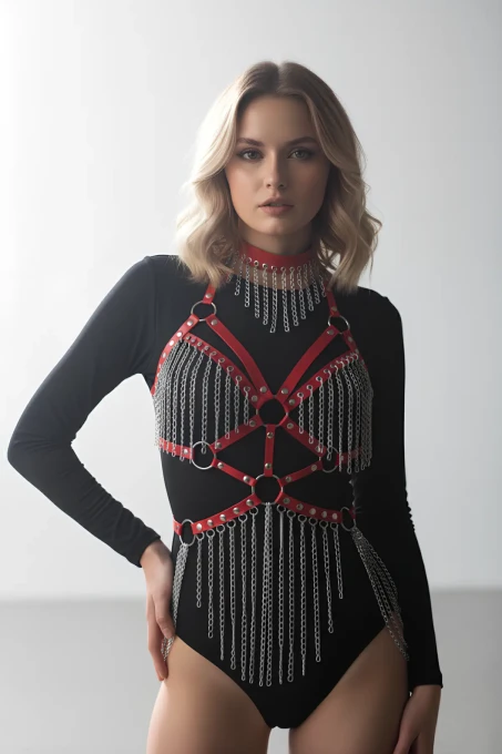 Deri ve Zincir Detaylı Harness Takım, Deri Dansçı Kostüm, Choker Detaylı Deri Harness - APFT1397 - 2