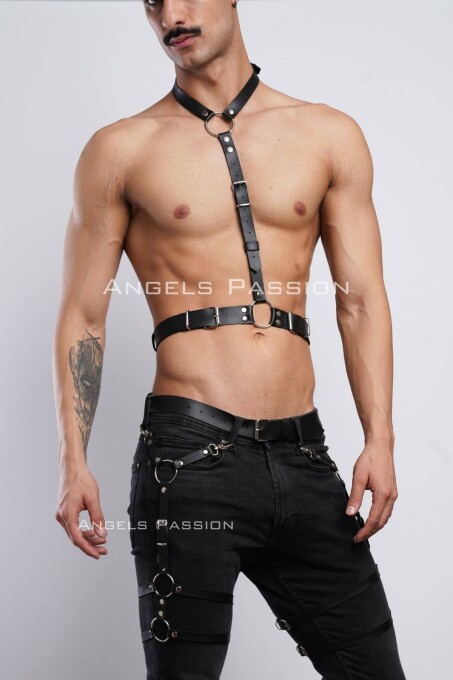 Erkek Jartiyer ve Göğüs Harness, Deri Erkek Bacak Harness, Deri Göğüs Harness, Partywear, Clubwear - APFTM202 - 3