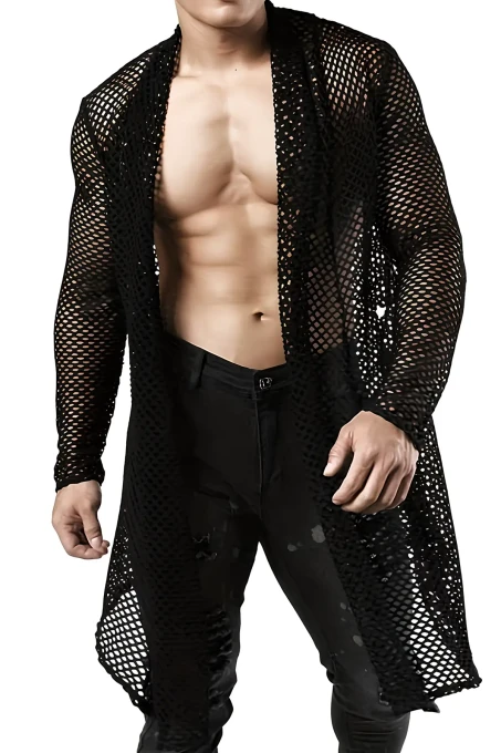 Erkek Uzun File Kimono Gömlek, Siyah Transparan Clubwear - APTM001 - 2