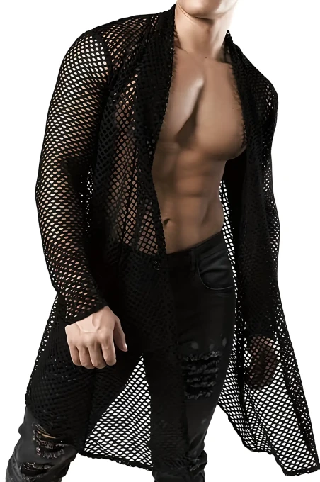 Erkek Uzun File Kimono Gömlek, Siyah Transparan Clubwear - APTM001 - 3