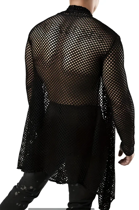 Erkek Uzun File Kimono Gömlek, Siyah Transparan Clubwear - APTM001 - 4
