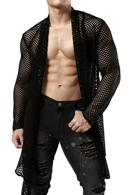 Erkek Uzun File Kimono Gömlek, Siyah Transparan Clubwear - APTM001 - 5