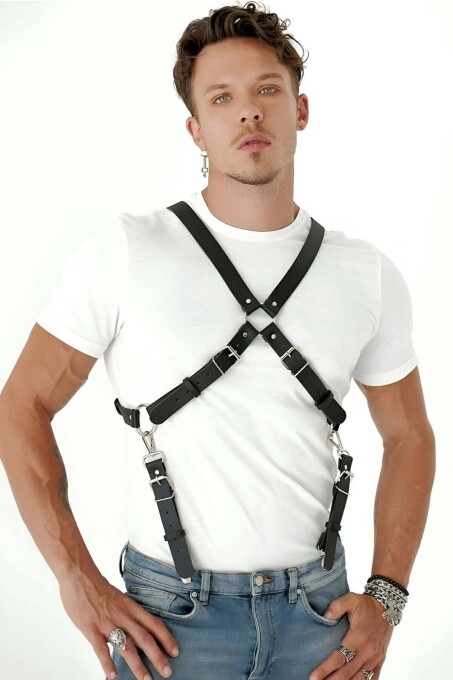 Göğüs Detaylı Arkadan Bağlamalı Erkek Deri Harness - APFTM84 - 1