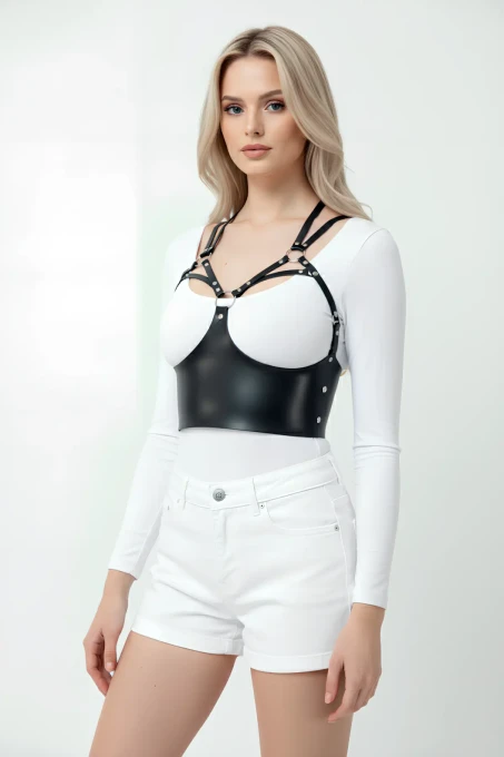 Göğüs Detaylı Deri Harness Büstiyer, Şık Deri Korse - APFT872 - 2