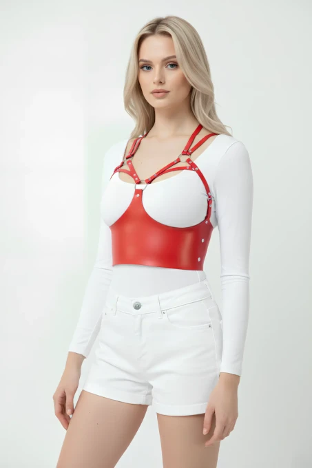 Göğüs Detaylı Deri Kırmız Harness Büstiyer, Şık Deri Korse - APFT872 - 3