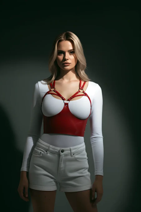 Göğüs Detaylı Deri Kırmız Harness Büstiyer, Şık Deri Korse - APFT872 - 2