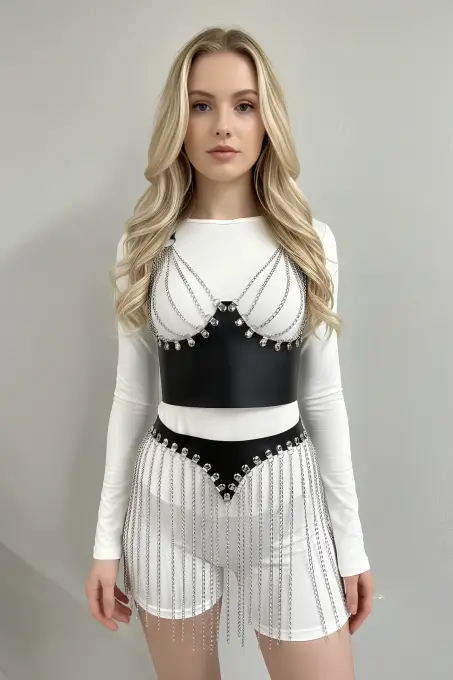 Gümüş Etek Zincir Detaylı Etek Püsküllü Mini Etek Parti Kıyafeti - APFT994 - 4