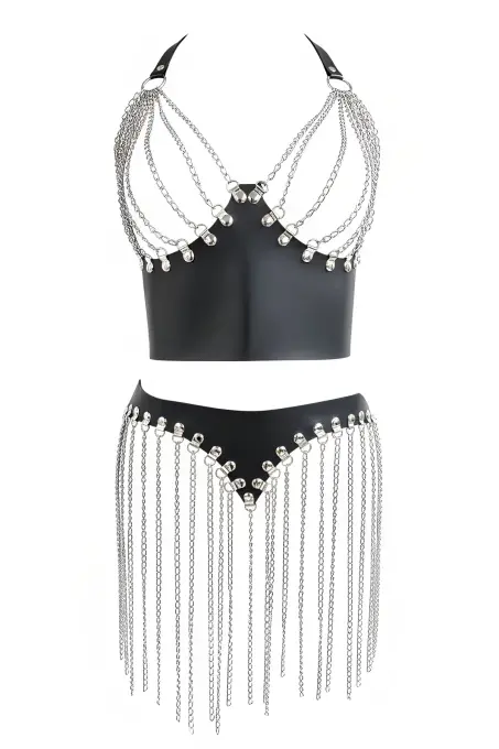 Gümüş Etek Zincir Detaylı Etek Püsküllü Mini Etek Parti Kıyafeti - APFT994 - 5