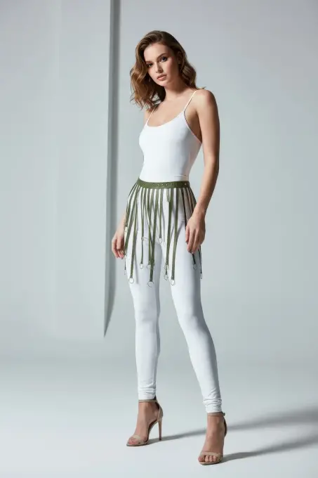 Haki Etek Suni Deri Etek Halka Detaylı Etek Mini Etek - APFT579 - 1