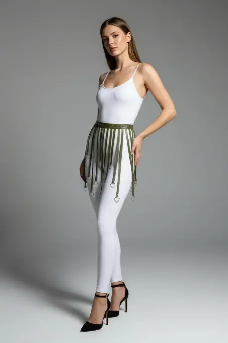 Haki Etek Suni Deri Etek Halka Detaylı Etek Mini Etek - APFT579 - 4