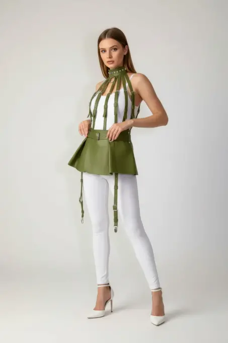 Haki Etek Suni Deri Etek Peplum Yüksek Bel Etek - APFT998 - 3