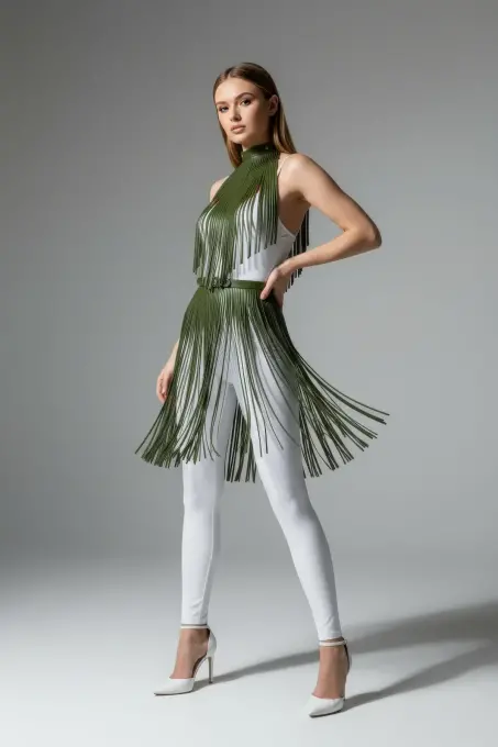 Haki Etek Suni Deri Etek Püsküllü Parti Kıyafeti - APFT997 - 1