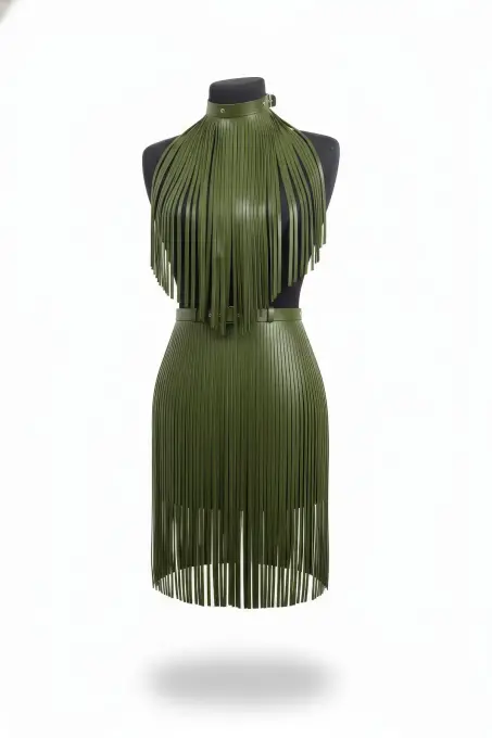 Haki Etek Suni Deri Etek Şerit Detaylı Etek Mini Etek Boy - APFT997 - 1