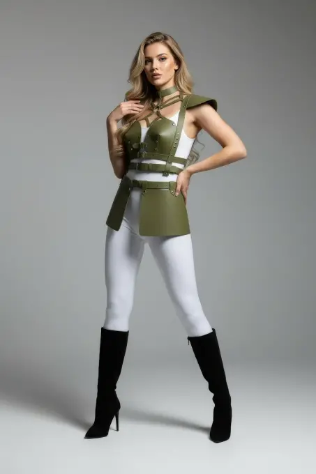 Haki Etek Suni Deri Etek Tokalı Korse Detaylı Etek - APFT1371 - 1