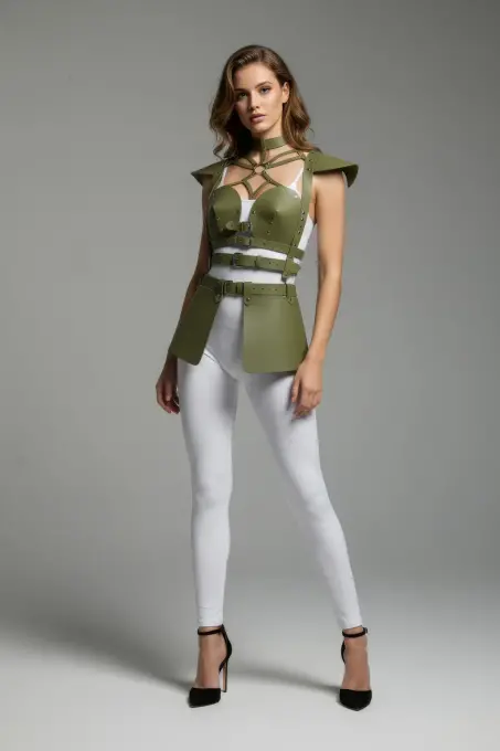 Haki Etek Suni Deri Etek Tokalı Korse Detaylı Etek - APFT1371 - Angels Passion (1)