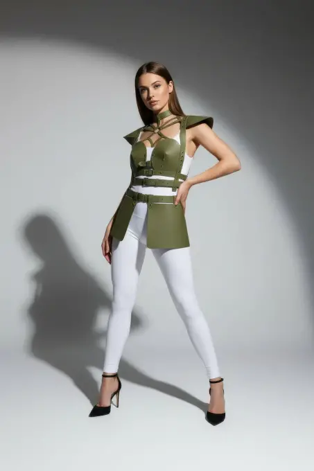 Haki Etek Suni Deri Etek Tokalı Korse Detaylı Etek - APFT1371 - 4