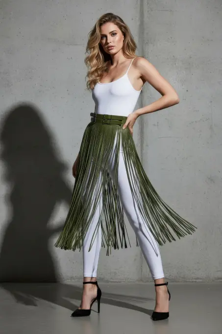 Haki Etek Uzun Püskül Detaylı Etek Suni Deri Etek Yüksek Bel Etek - APFT1090 - 1