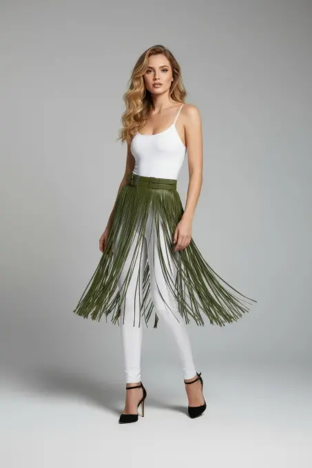 Haki Etek Uzun Püskül Detaylı Etek Suni Deri Etek Yüksek Bel Etek - APFT1090 - Angels Passion (1)