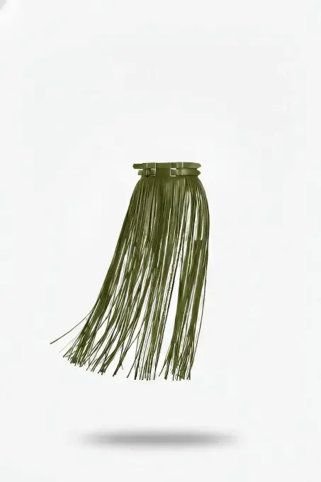 Haki Etek Uzun Püsküllü Suni Deri Etek - APFT1090 - 1