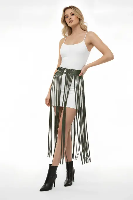 Haki Etek Uzun Püsküllü Suni Deri Etek Zımba Detaylı Etek - APFT637 - 1