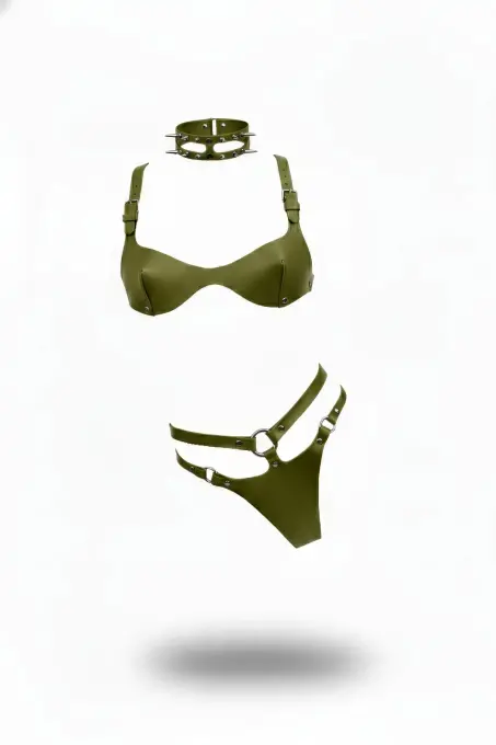 Haki Harness Takım Deri Zımba Detaylı Üç Parça - APFT1298 - 1