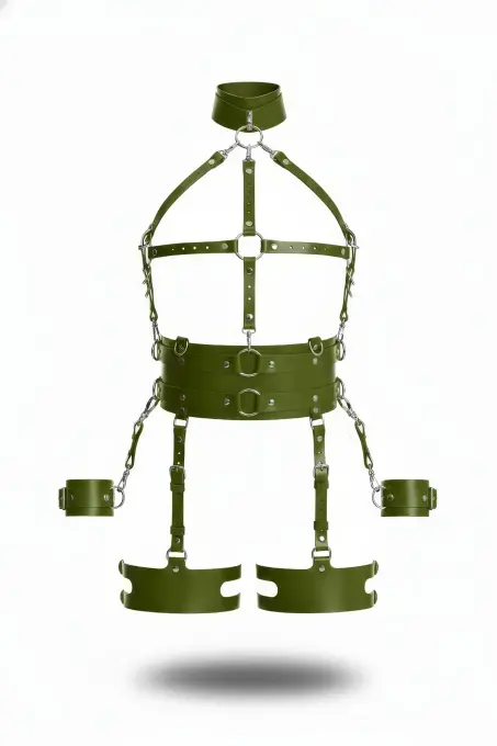 Haki Harness Takım Deri Zincir Detaylı Geniş Kemerli - APFT842 - 1