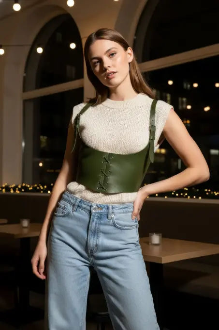 Haki Kadın Kemer Bağcıklı Suni Deri Korse Kemer - APFT1428 - 1