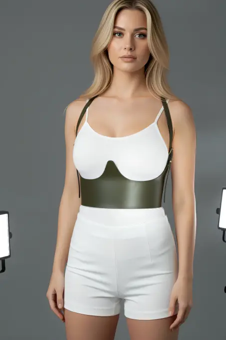 Haki Kadın Kemer Deri Kalın Omuz Detaylı Beden Aksesuarı - APFT614 - 7