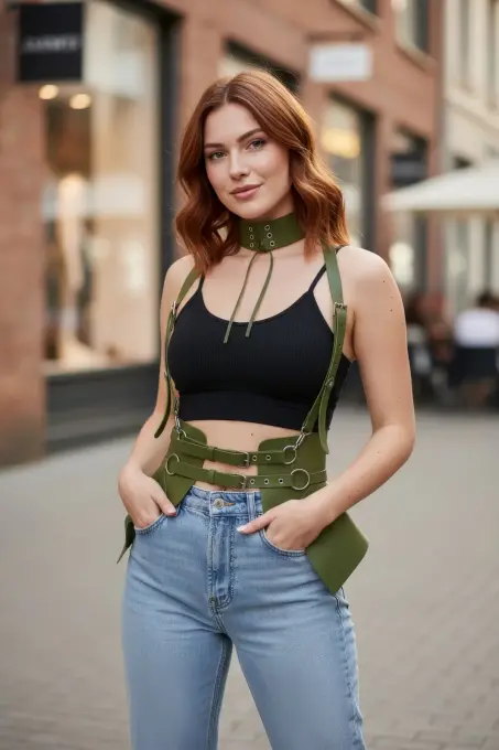 Haki Kadın Kemer Deri Korse Tipi Omuz Detaylı - APFT622 - 3