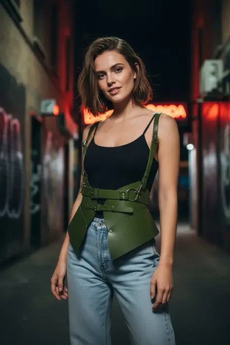 Haki Kadın Kemer Deri Omuz Detaylı Geniş Bel Aksesuarı - APFT616 - Angels Passion (1)