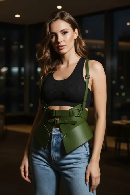 Haki Kadın Kemer Deri Omuz Detaylı Geniş Bel Aksesuarı - APFT616 - 3