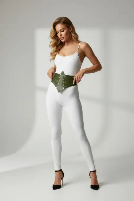 Haki Kadın Kemer Geniş Zımba Detaylı Korse Bel Aksesuarı - APFT905 - 1