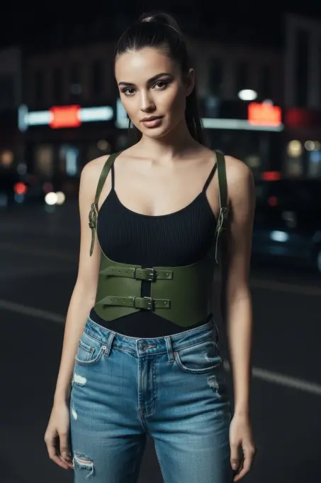 Haki Kadın Kemer Korse Kesimli Omuz Detaylı Suni Deri - APFT612 - 1