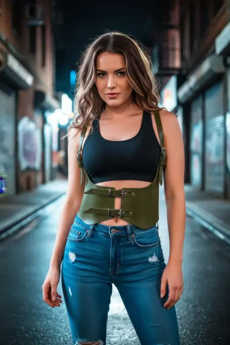 Haki Kadın Kemer Korse Kesimli Omuz Detaylı Suni Deri - APFT612 - Angels Passion (1)