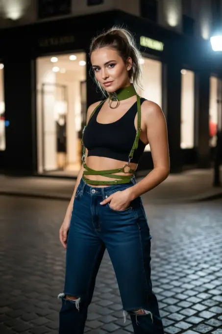 Haki Kadın Kemer O Halka Detaylı Çapraz Bağlamalı Vücut Aksesuarı - APFT644 - 3