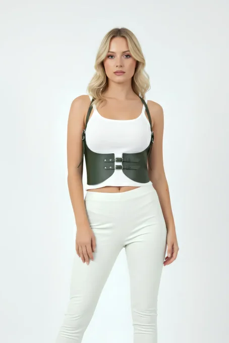 Haki Renk Kalın Kadın Kemeri, Deri Kemer Harness - APFT605 - 2