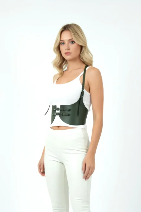 Haki Renk Kalın Kadın Kemeri, Deri Kemer Harness - APFT605 - 1