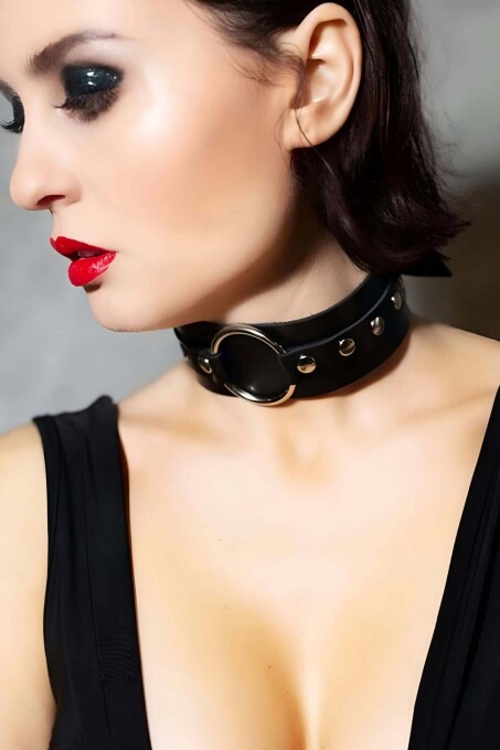 Halka Detaylı Geniş Şerit Ayarlı Şık Deri Choker - APFT671 - 1