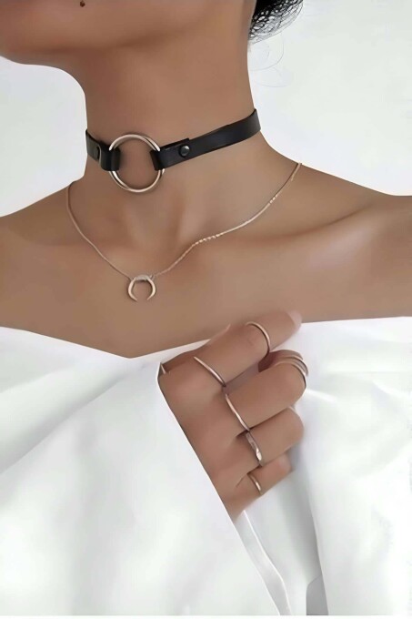 Halka Detaylı Şık Deri Choker - APFT35 - 1