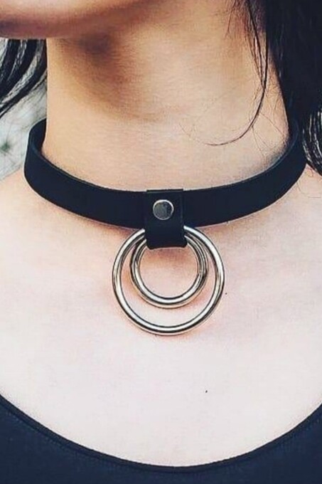 İnce Şerit Halka Detaylı Ayarlı Şık Deri Choker - APFT685 - 1